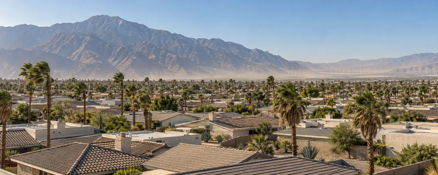 Illustrative view over dense single-storey roofs, palms bending in the wind, Mount San Jacinto and the haze of the pass behind