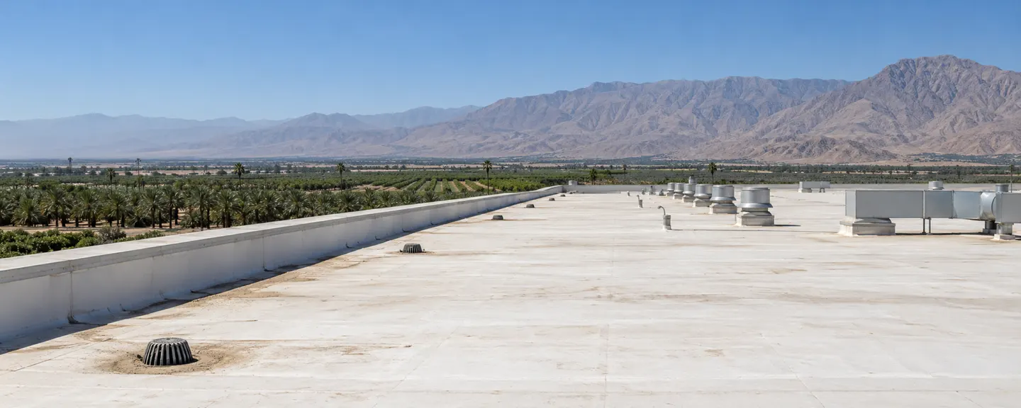 Illustrative view across the vast white coated roof of a packing shed, its drains and exhaust fans running away to date palms, vineyards and mountains