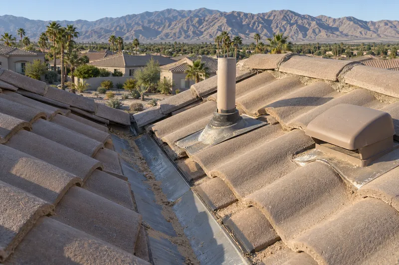 Illustrative close view of the metal valley flashing and vent pipe on a newer tile roof, dust gathered in the valley, neighbouring roofs and mountains beyond