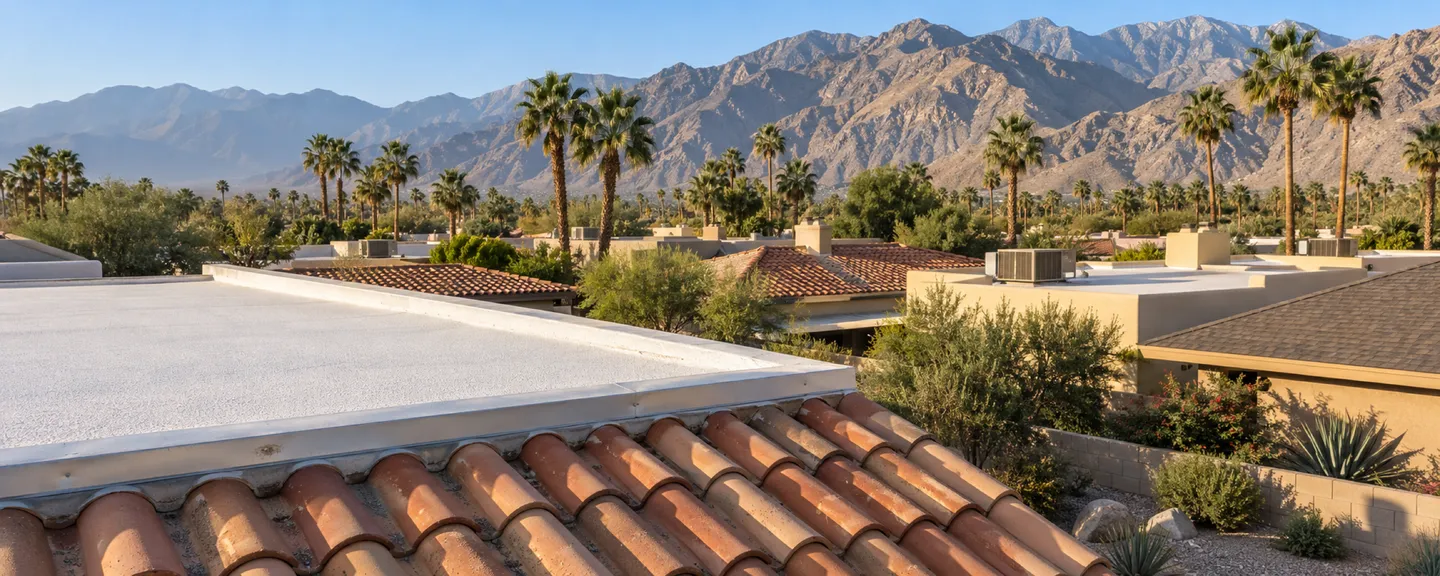 Illustrative Coachella Valley rooftops with white spray foam, terracotta barrel tile, palms and rocky desert mountains