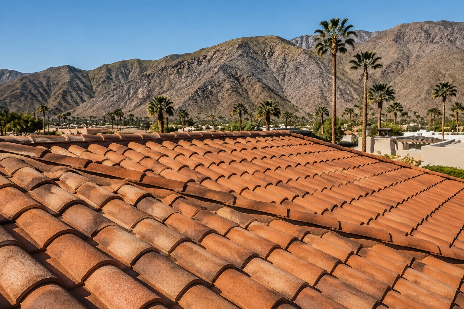 Illustrative Coachella Valley architecture: terracotta roofing beneath desert mountains and palms