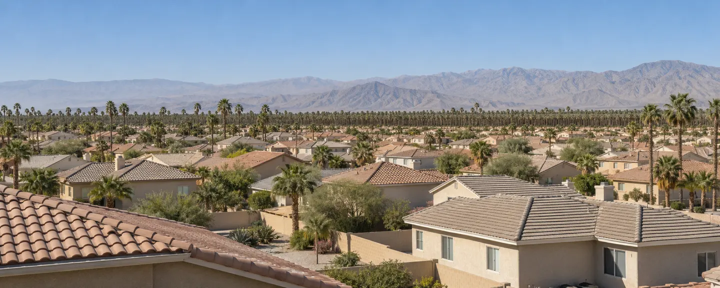 Illustrative view across rows of tile-roofed tract homes on the flat valley floor, a date palm grove and distant mountains beyond