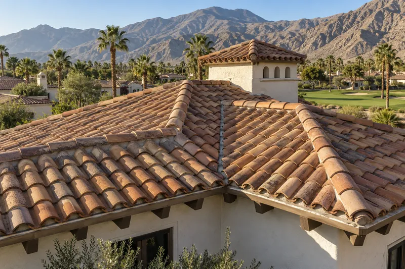 Illustrative terracotta barrel-tile roof where several hips and valleys meet, a small tower roof behind, a fairway and mountains beyond