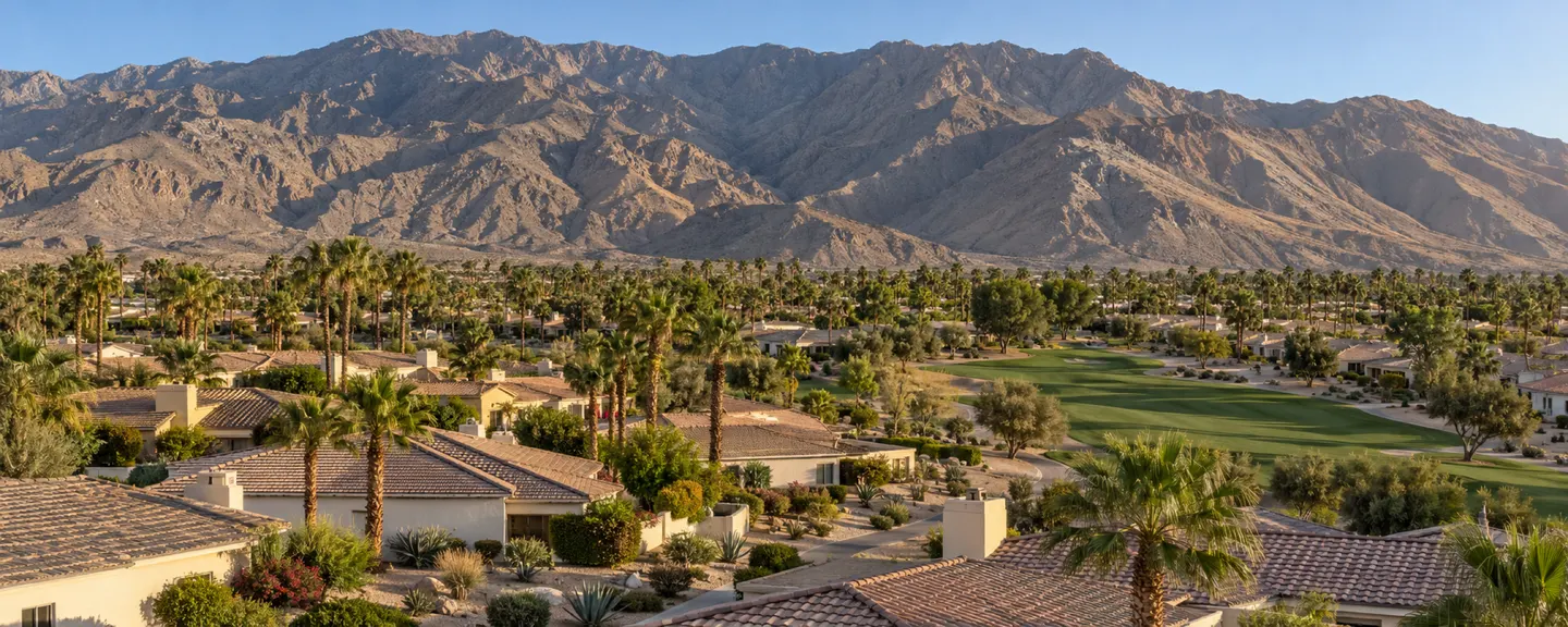 Illustrative view across a tile-roofed golf-course community, its fairway and palms, with the Santa Rosa Mountains rising directly behind