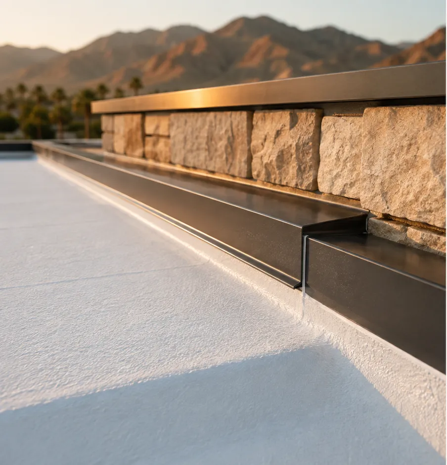 Warm-white SPF coating meeting a dark metal edge flashing against a stone parapet, low desert sun raking across the surface