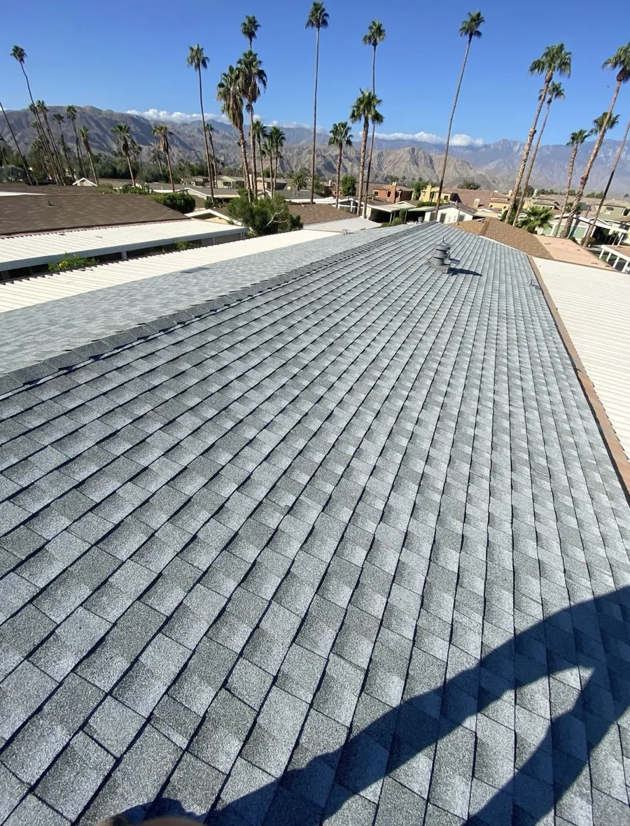 A charcoal architectural shingle roof under palms, mountains on the horizon