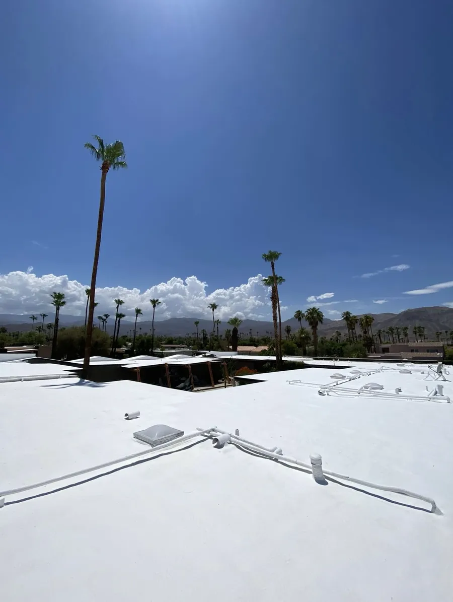 A wide white spray foam roof deck with its drain lines, palms and the valley beyond