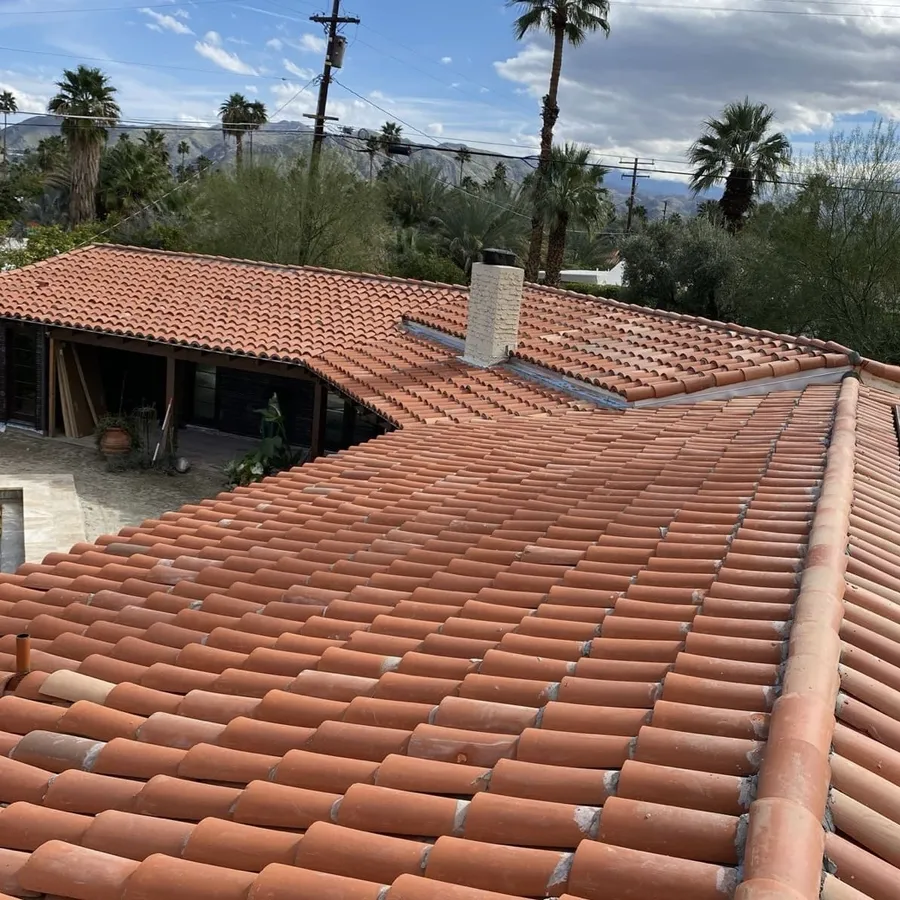 Terracotta barrel tile above a covered patio, palms and mountains behind