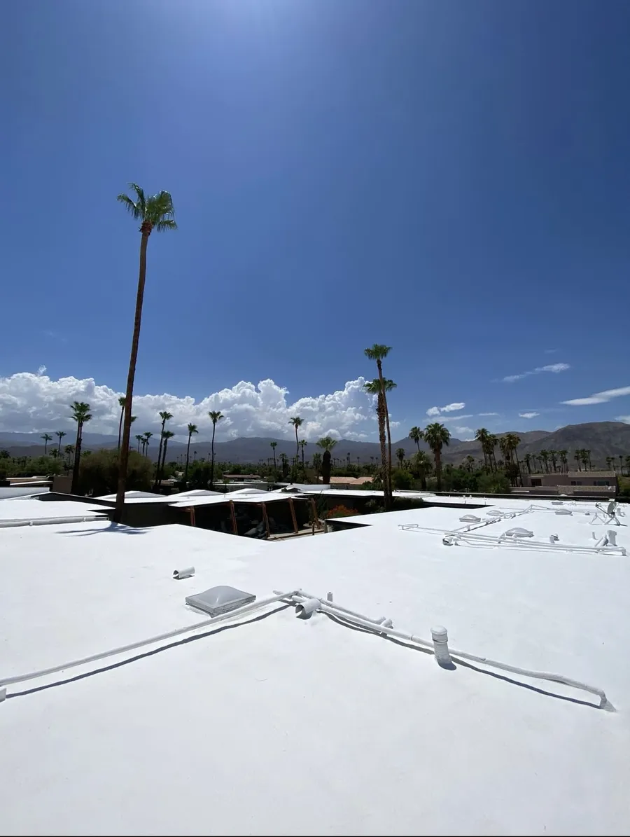 A white spray foam roof deck with its vents and drains, palms and cloud behind